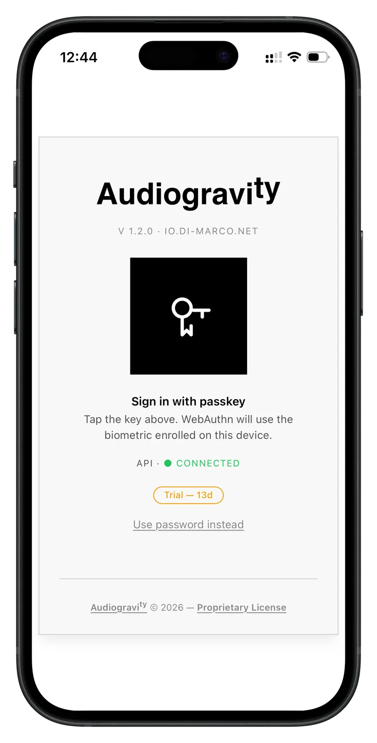 Audiogravity — Passkey login