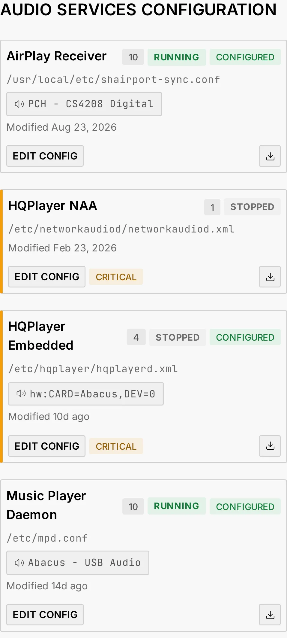 The Config tab: one tile per audio service with its file path, its output, its RUNNING or STOPPED state, its CONFIGURED badge and the Edit config button