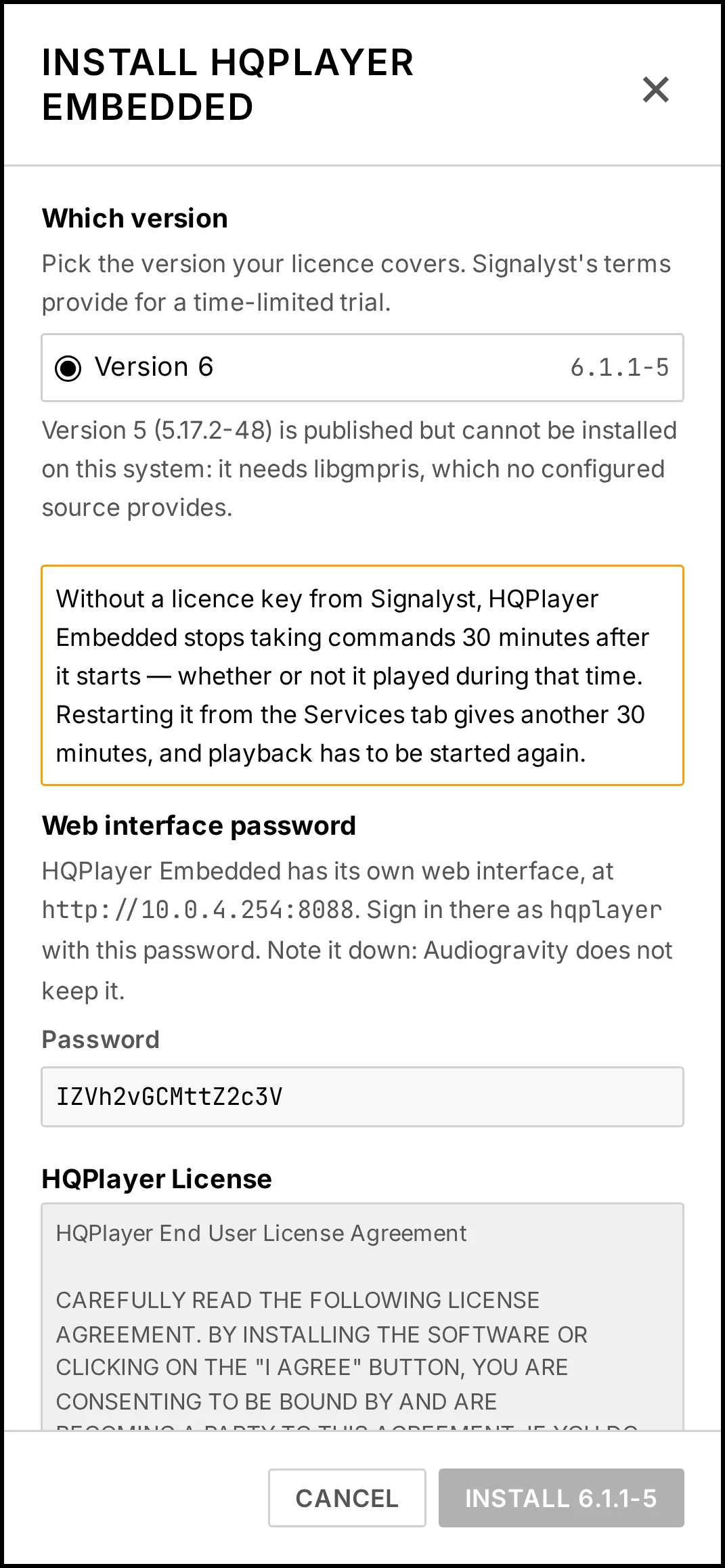 The install window of HQPlayer Embedded: the version to install, the 30-minute limit without a licence key, the password for its web page, and Signalyst's licence