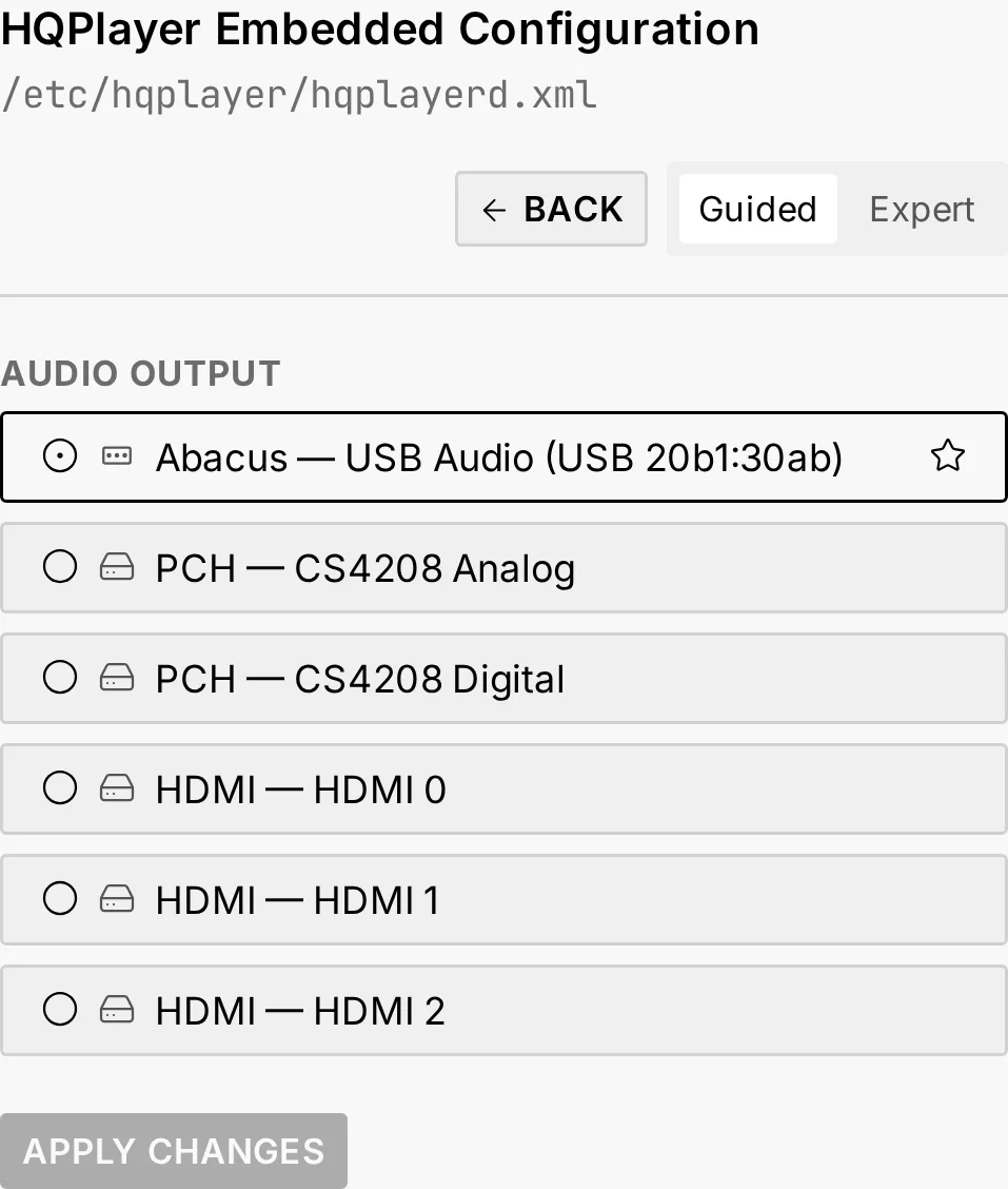 HQPlayer Embedded in the Config tab: the Guided view, with the audio output to choose and the Apply changes button