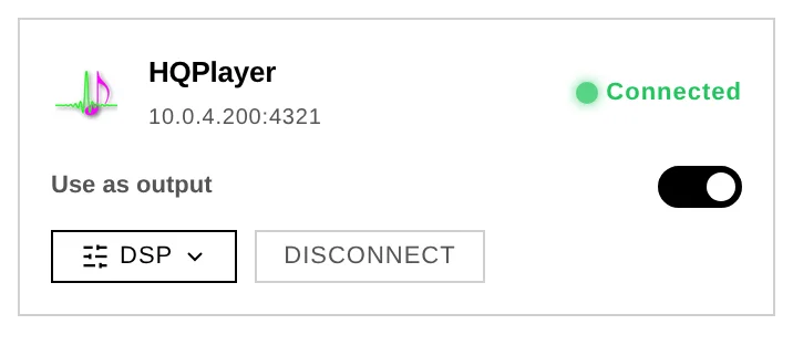 The HQPlayer card: connected, with the Use as output switch turned on