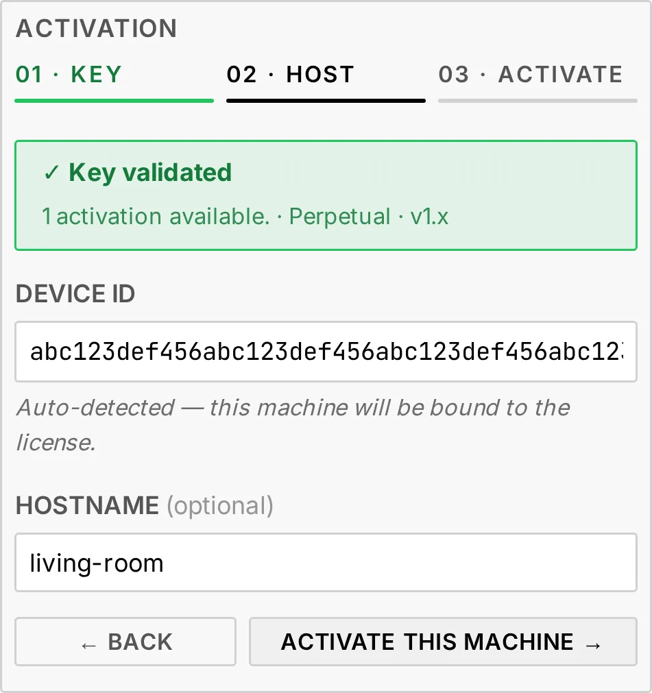 The License activation window at its second step: Key validated with the plan, the Device ID filled in, the Hostname field, and the Back and Activate this machine buttons