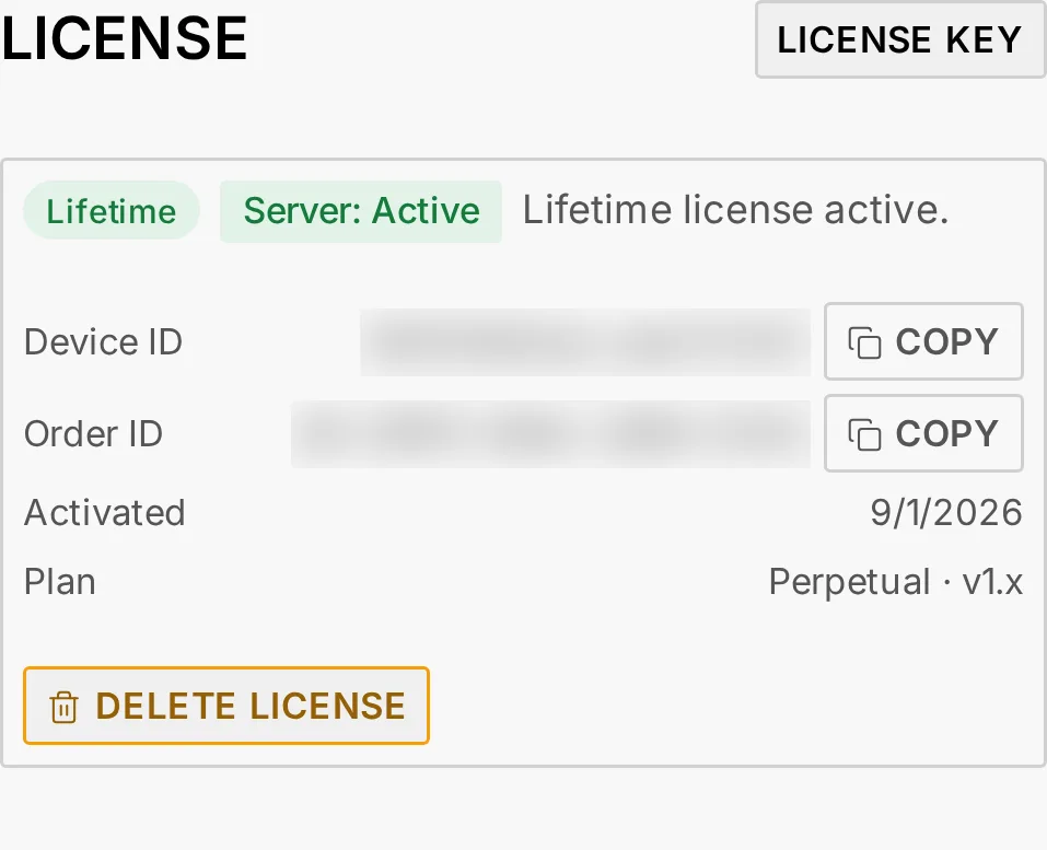 The licence panel on an activated box: the Lifetime badge, the licence-server status, the Device ID and Order ID with their copy buttons, the activation date and the plan
