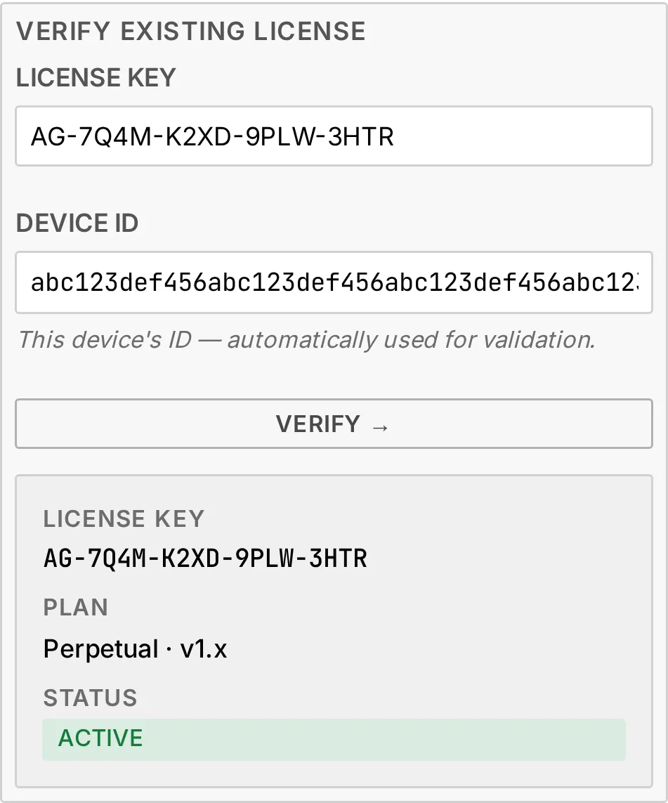 Verify existing license: the key typed in, this box's Device ID, the Verify button, and the answer with the key, the plan and the Active status
