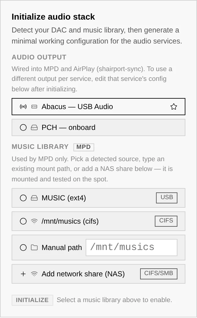 The Initialize audio stack panel: detected DAC outputs and music library sources