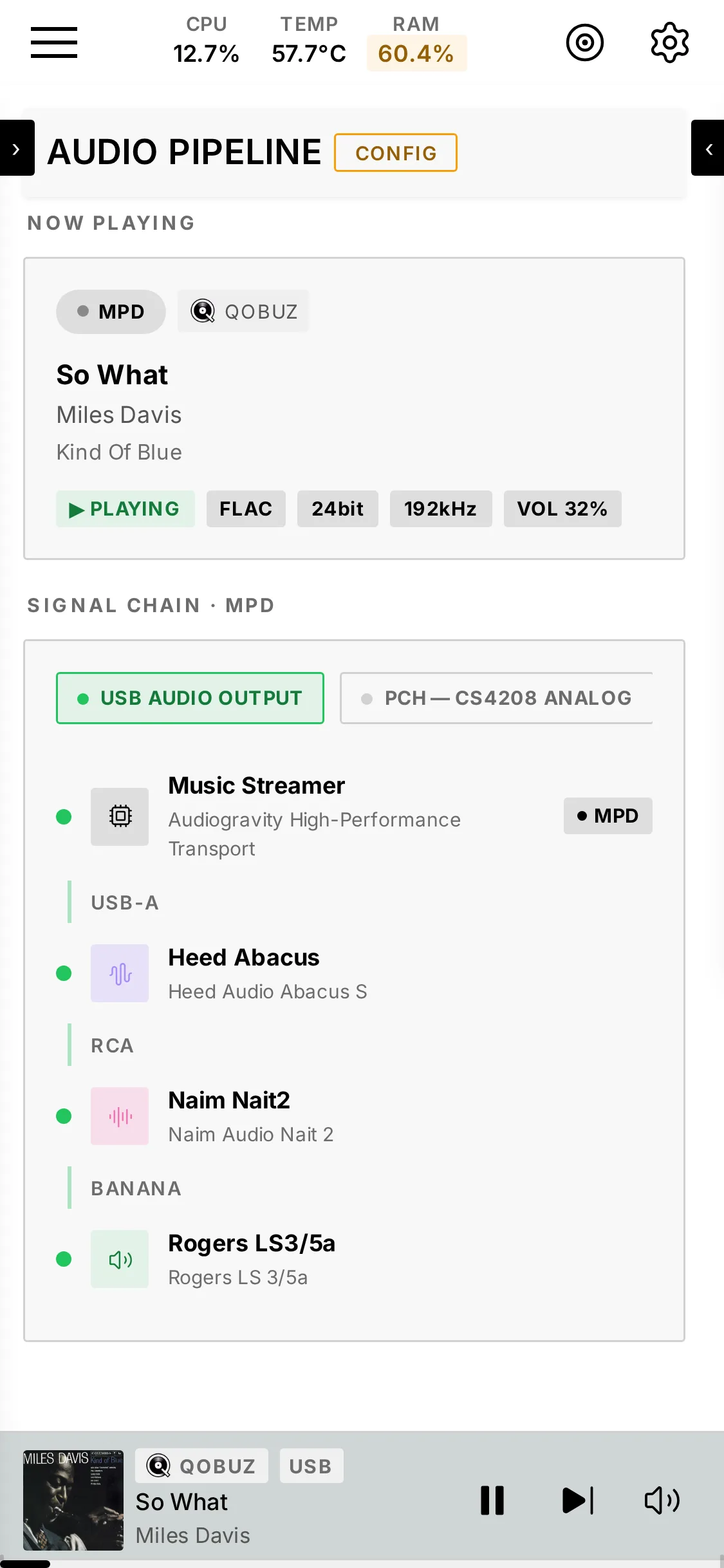 The Audio Pipeline on a phone: the Now Playing card, the output steering pills, and the signal chain from the streamer through the DAC and the amplifier to the speakers