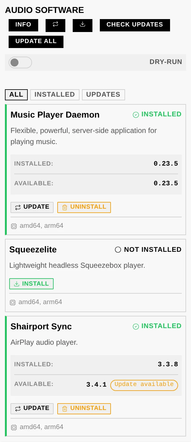 The Audio Software tab: engine cards with install, update and uninstall actions