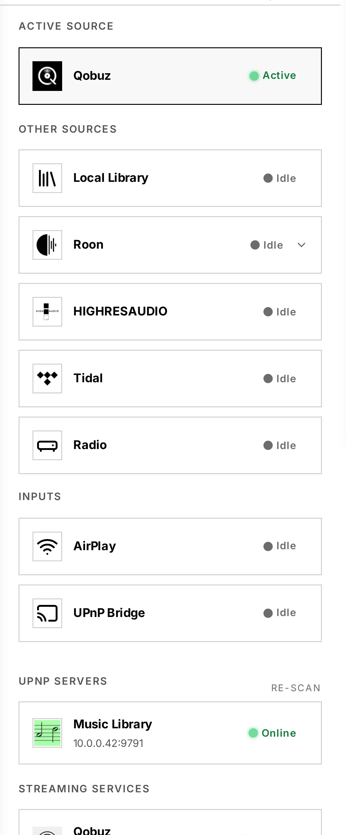 The Sources view: the active source at the top, then the other sources, the AirPlay and UPnP inputs, and the discovered UPnP servers