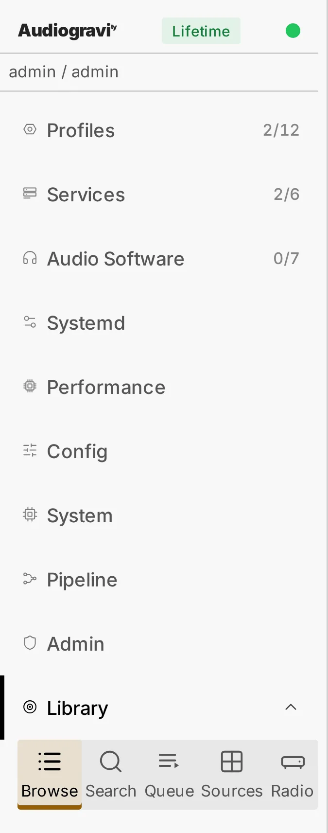 The tab menu on a phone: the app's tabs, and Library unfolded into its views — Browse, Search, Queue, Sources and Radio — the one shown marked